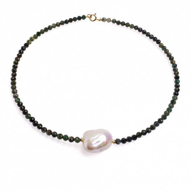 Колие с барокова перла и зелен турмалин, позлата, 43см - YUNO Pearls