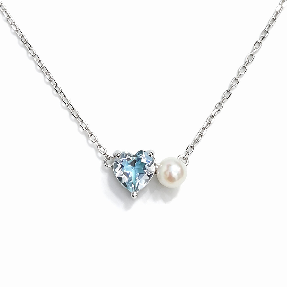 Колие сребро, бяла перла 4мм, син топаз