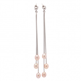 Сребърни обеци с розови перли 5-6мм, 6см дължина