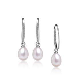 Сребърни обеци с овални бели перли 7.5-8мм
