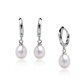 Сребърни обеци с овални бели перли 7.5-8мм