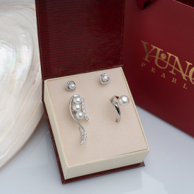 Сребърен комплект от пръстен, брошка и обеци с бели перли 4-5мм, 6-7мм, 8-9мм