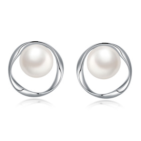 Сребърни обеци с бели перли 8-8.5мм