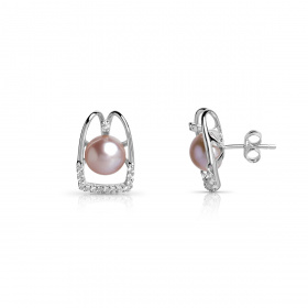 Сребърни обеци с лилави перли 8.5-9мм и цирконии