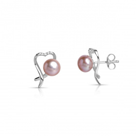 Сребърни обеци с лилава перла 7-7.5 мм и цирконии