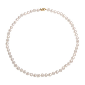 Колие с японски бели перли 6.5-7мм и 14К златна закопчалка с диамант, 45см