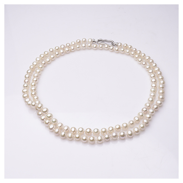 Колие с бели перли 7-8мм и сребърна закопчалка, 90см
