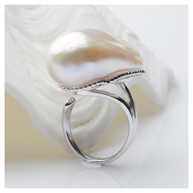Сребърен пръстен с лилава бароков перла, 17-20мм