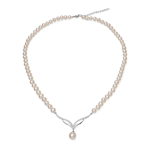 Колие с бели перли, 5-6мм, сребърен елемент с перла, 7-8мм