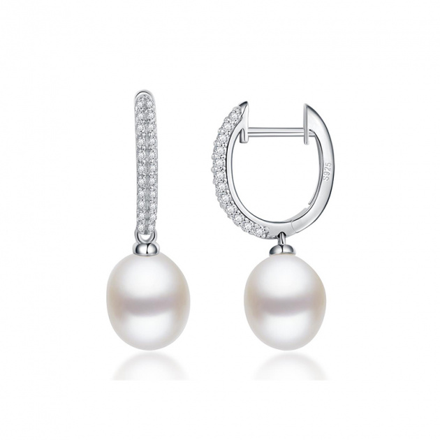 Сребърни обеци с бели перли 8-9мм