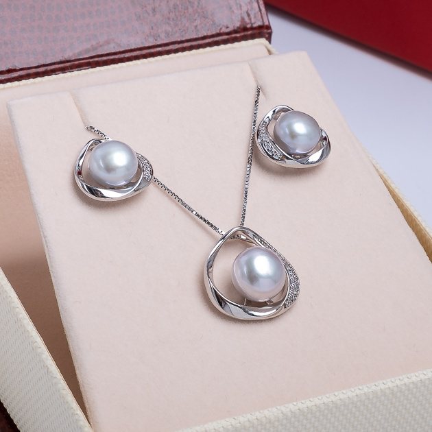 Сребърен комплект висулка и обеци със сиви перли 7-8мм, 8-9мм
