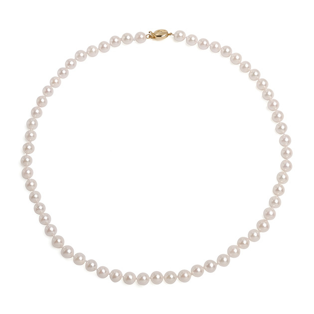 Колие с японски бели перли 6.5-7мм и 14К златна закопчалка с диамант, 45см