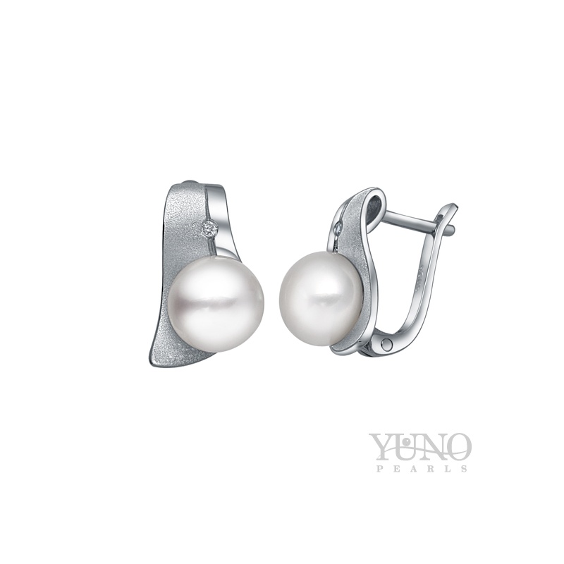 Обеци сребро, бели перли, 8-9мм