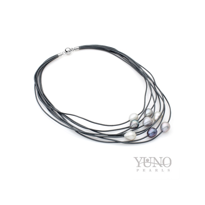 Колие 8 реда сива кожа с бели, сиви и тъмни перли 11-12мм, 46см