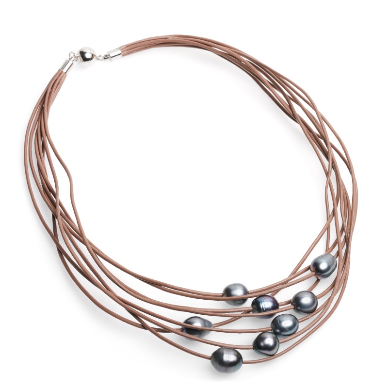 Колие 8 реда кафява кожа с 8 тъмни перли 11-12мм, 46см