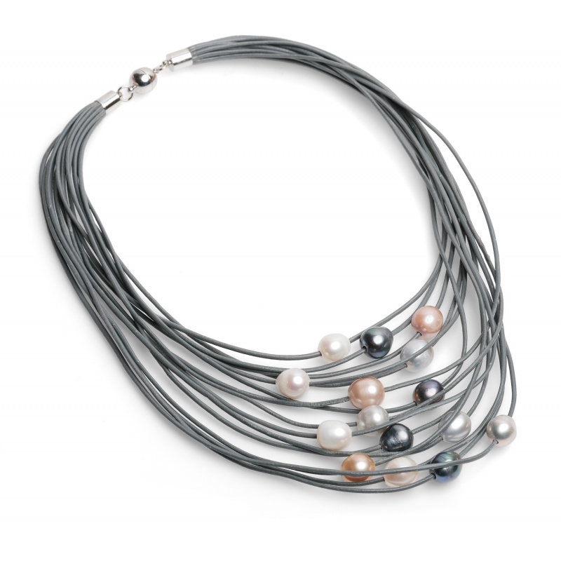 Колие 15 реда сива кожа, микс 15 цветни перли, 11-12мм,