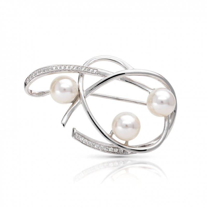 Брошка сребро ,3 броя бели перл .7.5-8мм и цирконии