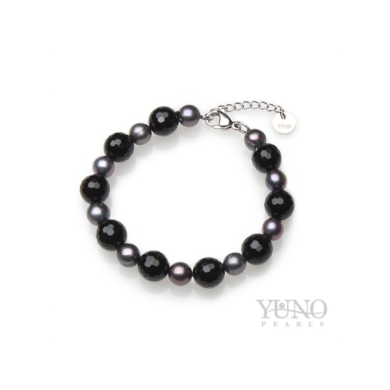 Гривна тъмни перли, 9мм, оникс 10мм, 18+3см