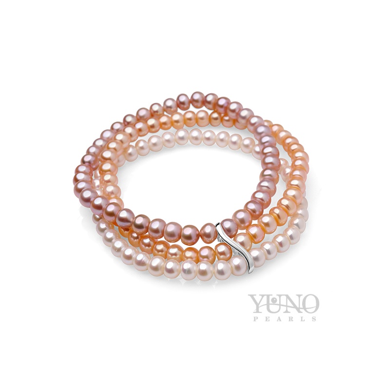 Гривна с три реда бели, розови и лилави перли, 5-6мм, 18см