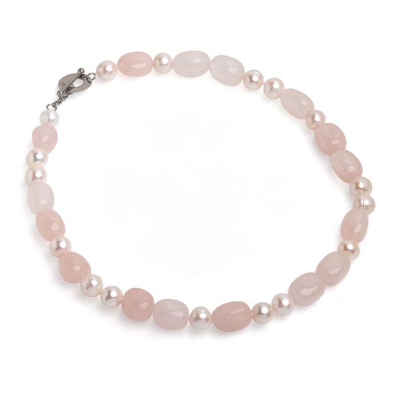 Колие бели перли и розов кварц, 10-11мм, 45см