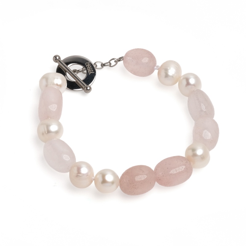 Гривна бели перли и розов кварц, 10-11мм
