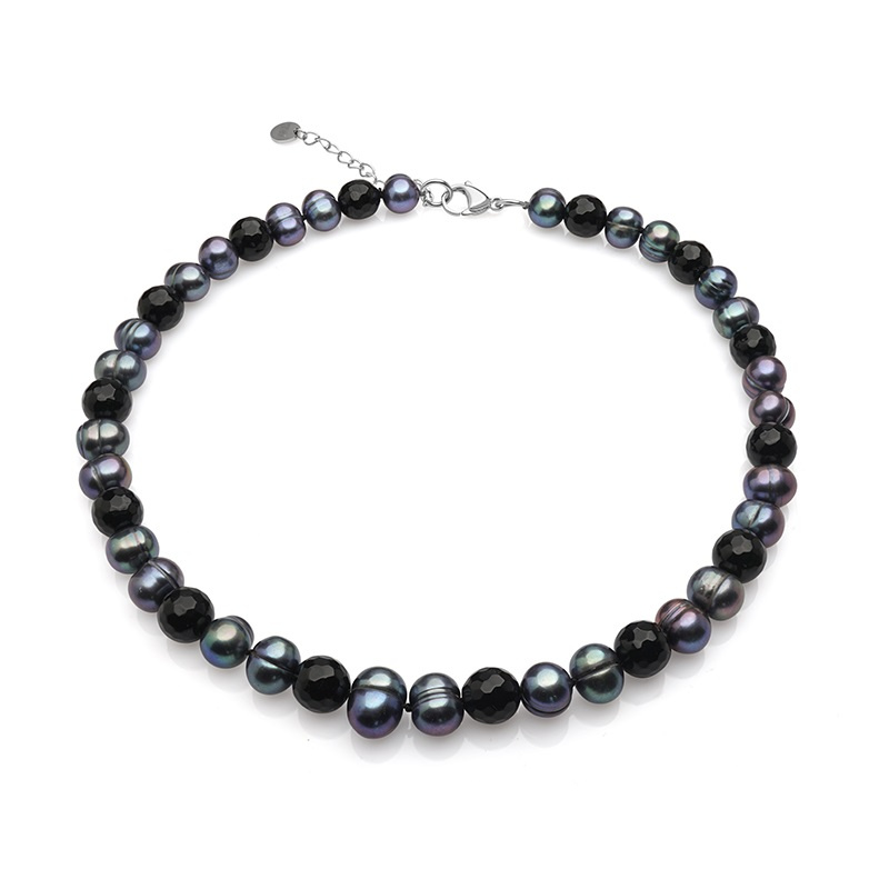 Колие с тъмни перли 9мм и оникс 10мм, 43см+5см