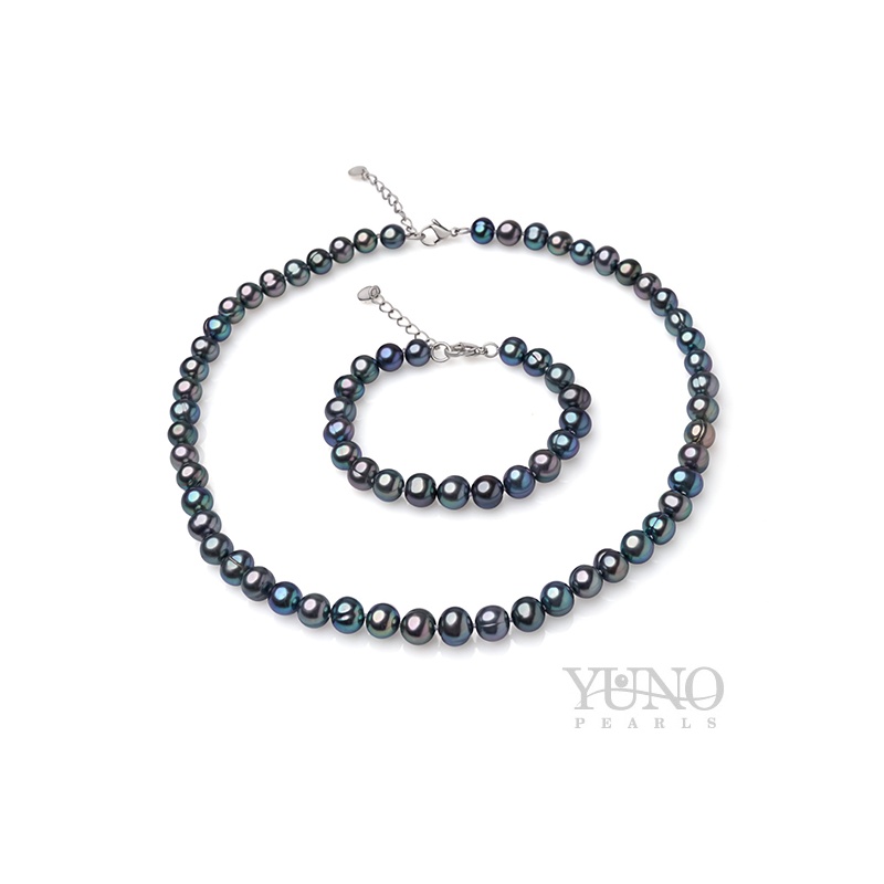 Комплект колие и гривна, тъмни перли, 7-8мм