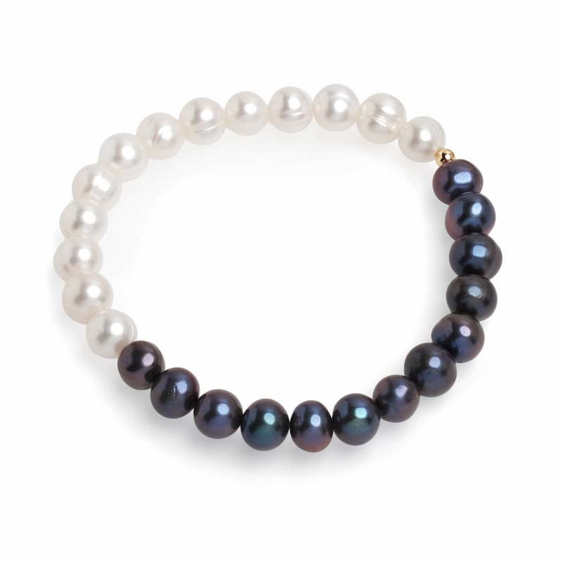 Гривна с бели и тъмни перли 7-8мм с позлатен елемент, 19см