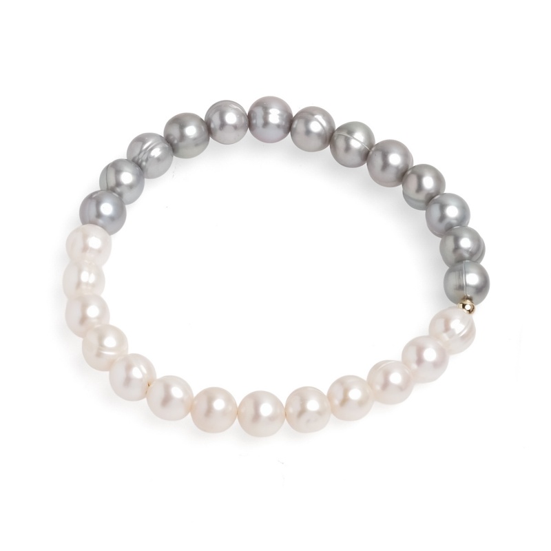 Гривна с бели и сиви перли 7-8мм с позлатен елемент, 19см