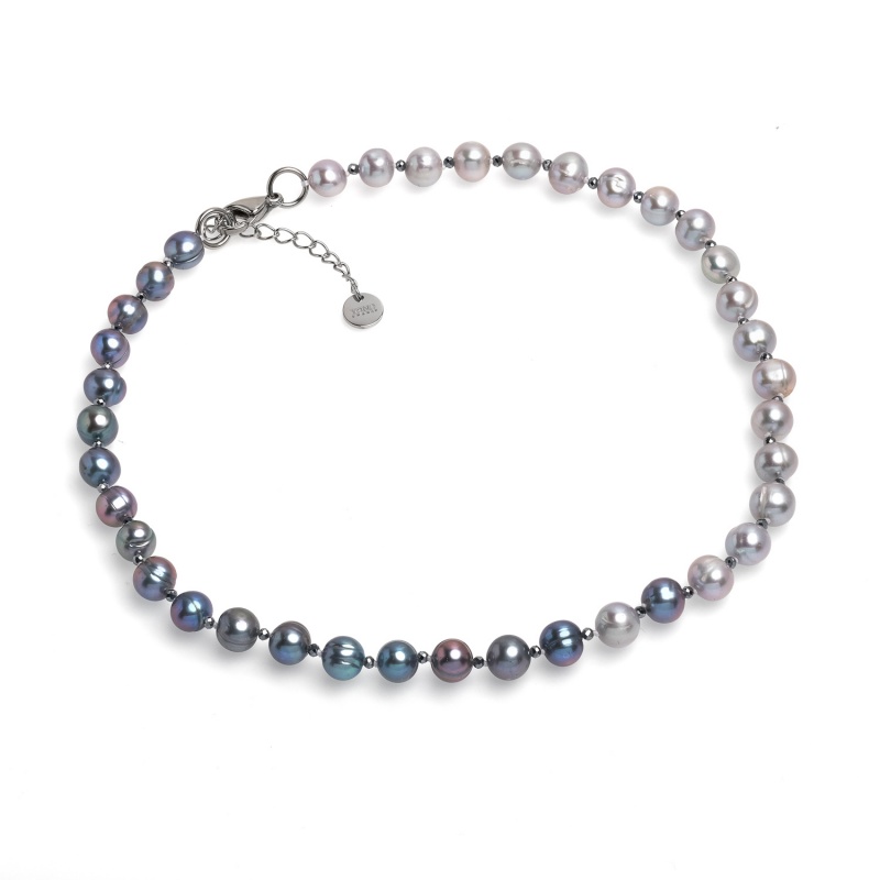 Колие със сиви и тъмни перли 8-9мм и фасетирани топчета, 43см+5см