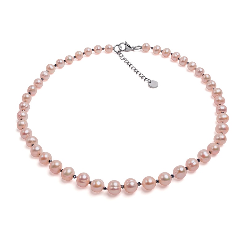 Колие с лилави перли 8-9мм и фасетирани топчета, 43см+5см