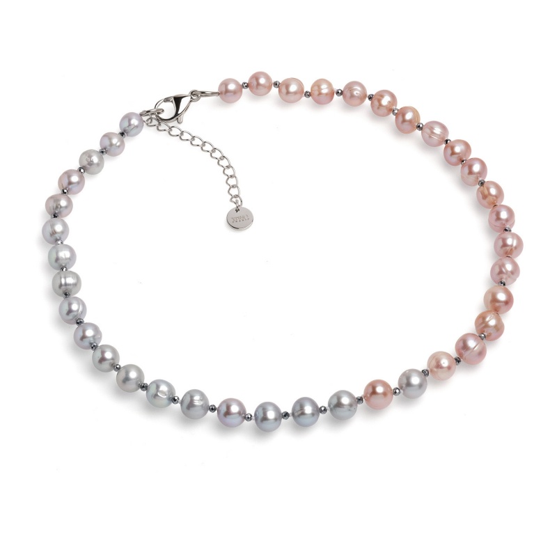 Колие със сиви и лилави перли 8-9мм и фасетирани топчета, 43см+5см