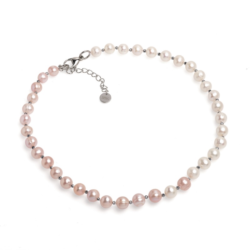 Колие с бели и лилави перли 8-9мм и фасетирани топчета, 43см+5см