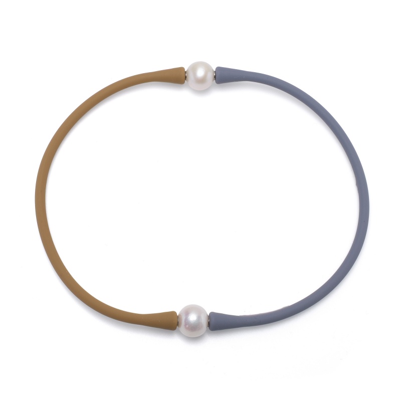 Колие с 2 перли 11-12мм, кафяв и сив силикон, 38см