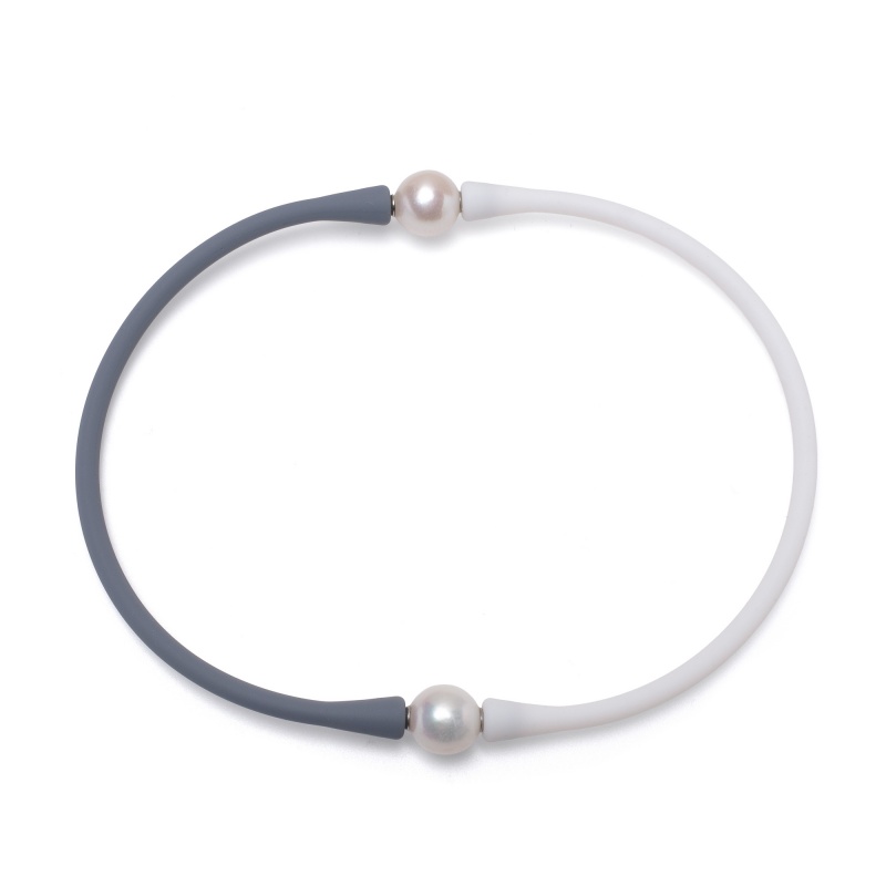 Колие с 2 перли 11-12мм, бял и сив силикон, 38см