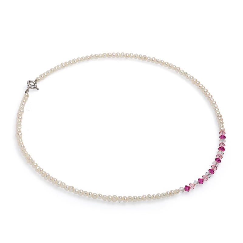 Колие 3.5-4мм бели перли и кристали Swarovski,