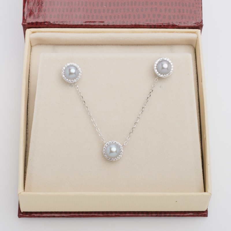 Комплект сребърен колие и обеци със сиви перли 5-6мм, 6-7мм