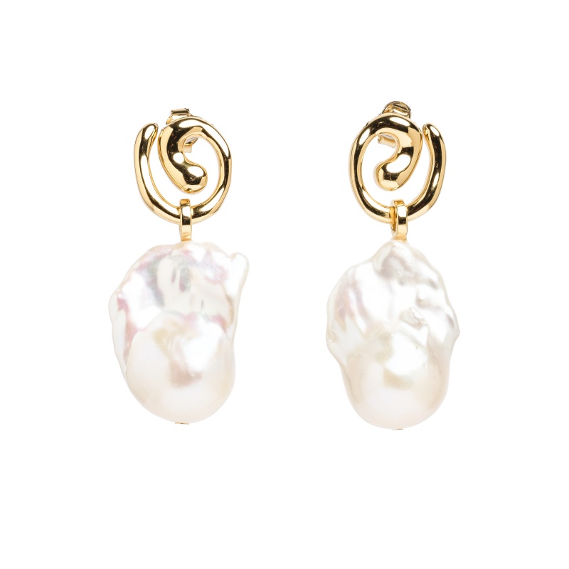 Обеци сребро с позлата, бели барокови перли 13-16мм, щифт