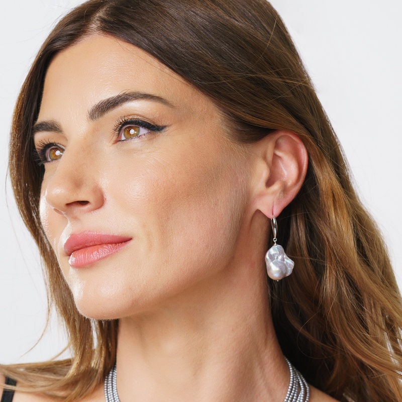 Обеци сребро,13-16мм сиви барокови перли