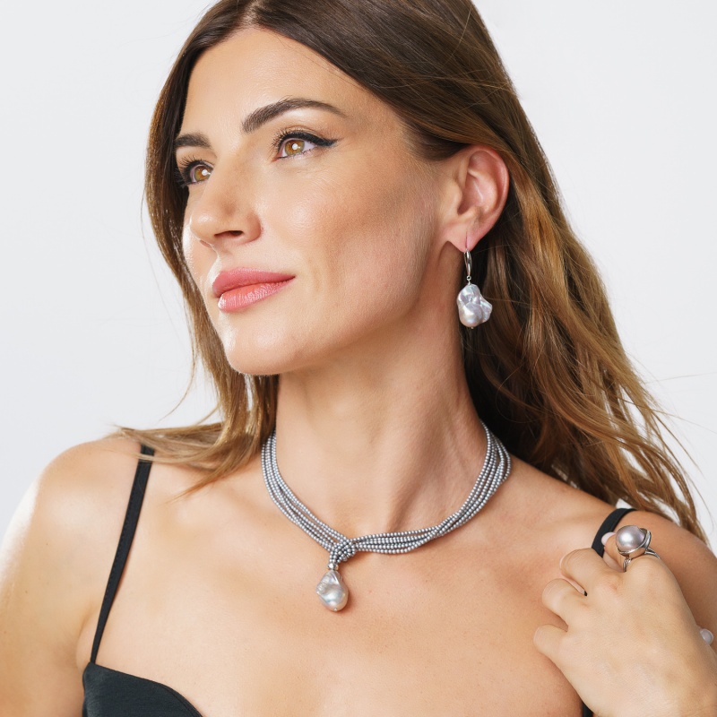 Колие с барокова перла, 14-15мм, 3 реда хематит, 85см