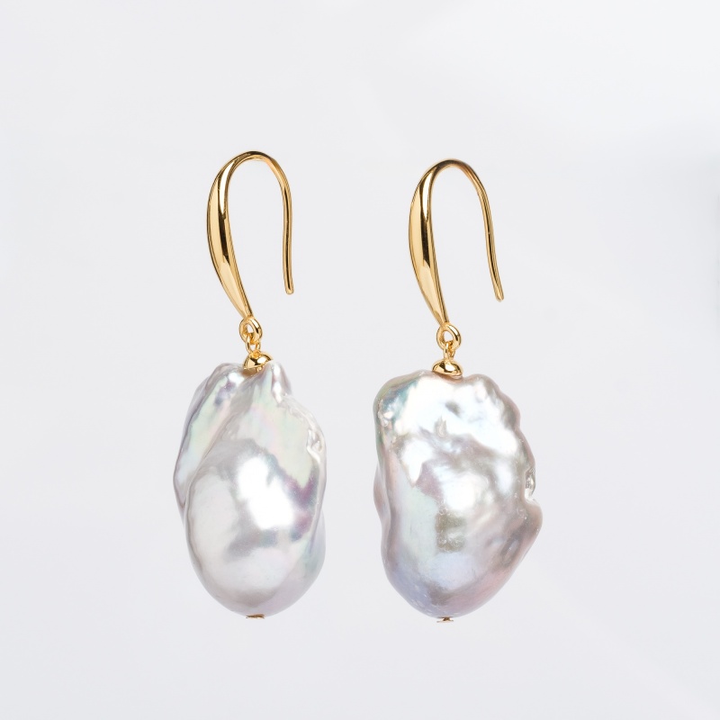 Обеци сребро с позлата,13-16мм сиви барокови перли