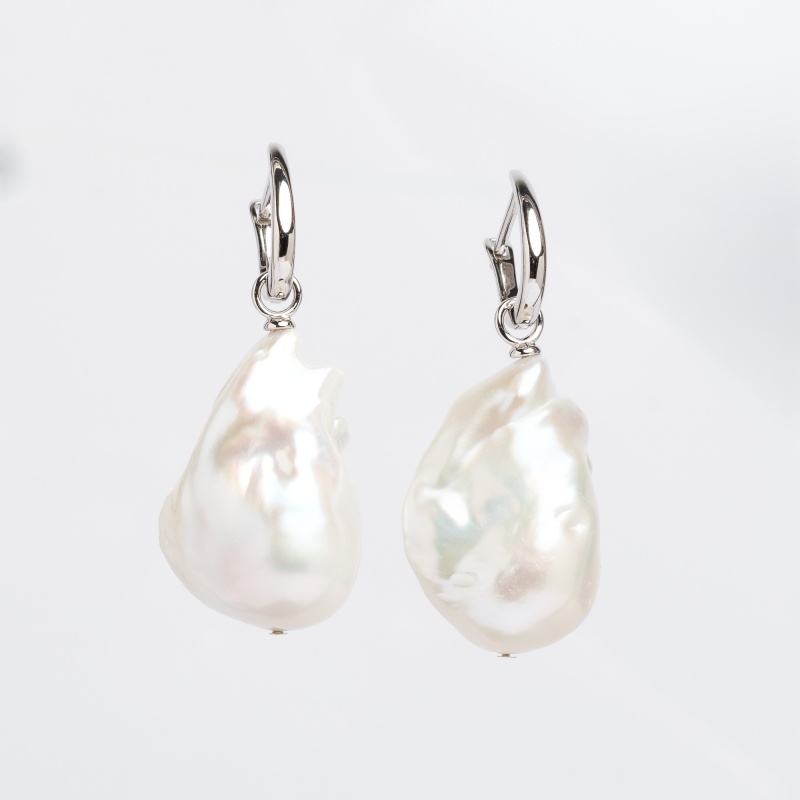 Обеци сребро,13-16мм бели барокови перли