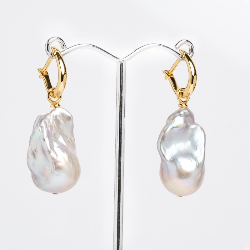 Обеци сребро с позлата,13-16мм бели барокови перли