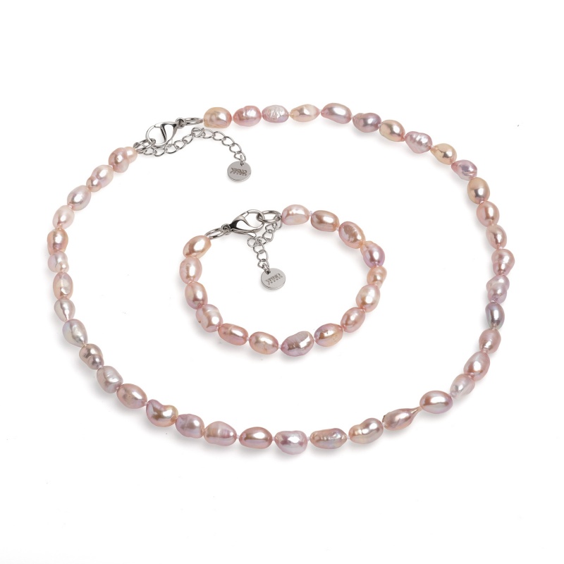 Комплект колие и гривна с лилави перли 6-7мм