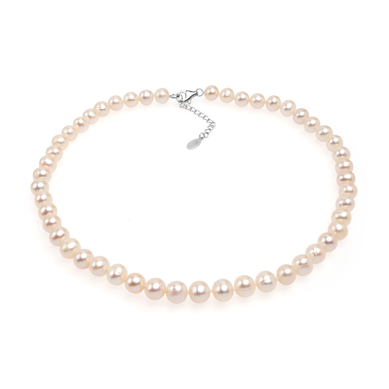 Колие 7-7.5мм бели перли, сребърна закопчалка ,38см