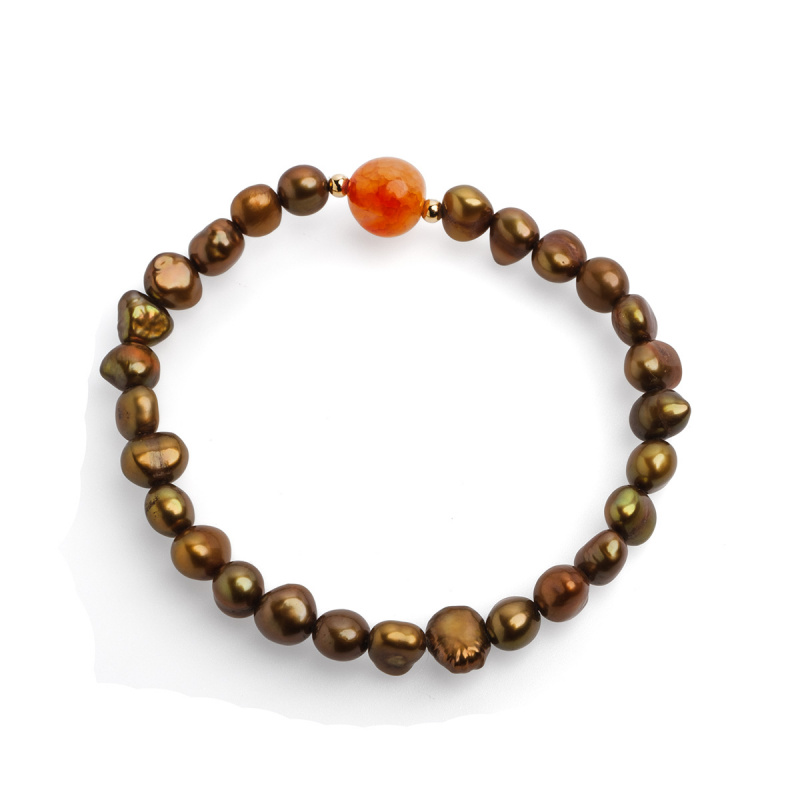 Гривна 7-8мм златисто-кафяви асиметрични перли, 1 ахат, 18см