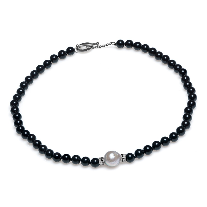 Колие 1 сива перла 14мм, оникс, 50см