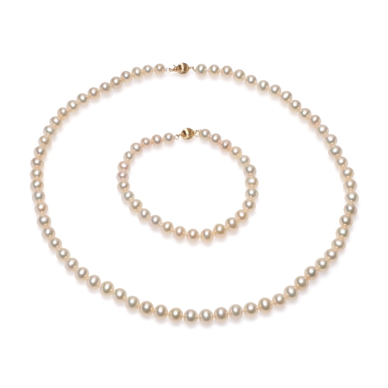 Комплект колие и гривна 6-7мм розови перли,14K златна закопчалка, 43/18см.