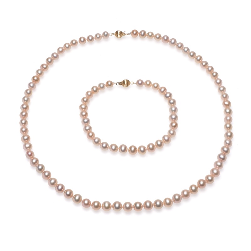 Комплект колие и гривна 6-7мм лилави перли,14K златна закопчалка, 43/18см.