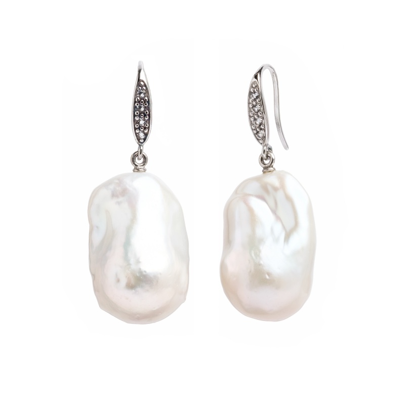 Обеци сребро, барокова бяла перла 14-15мм, кука с цирконий